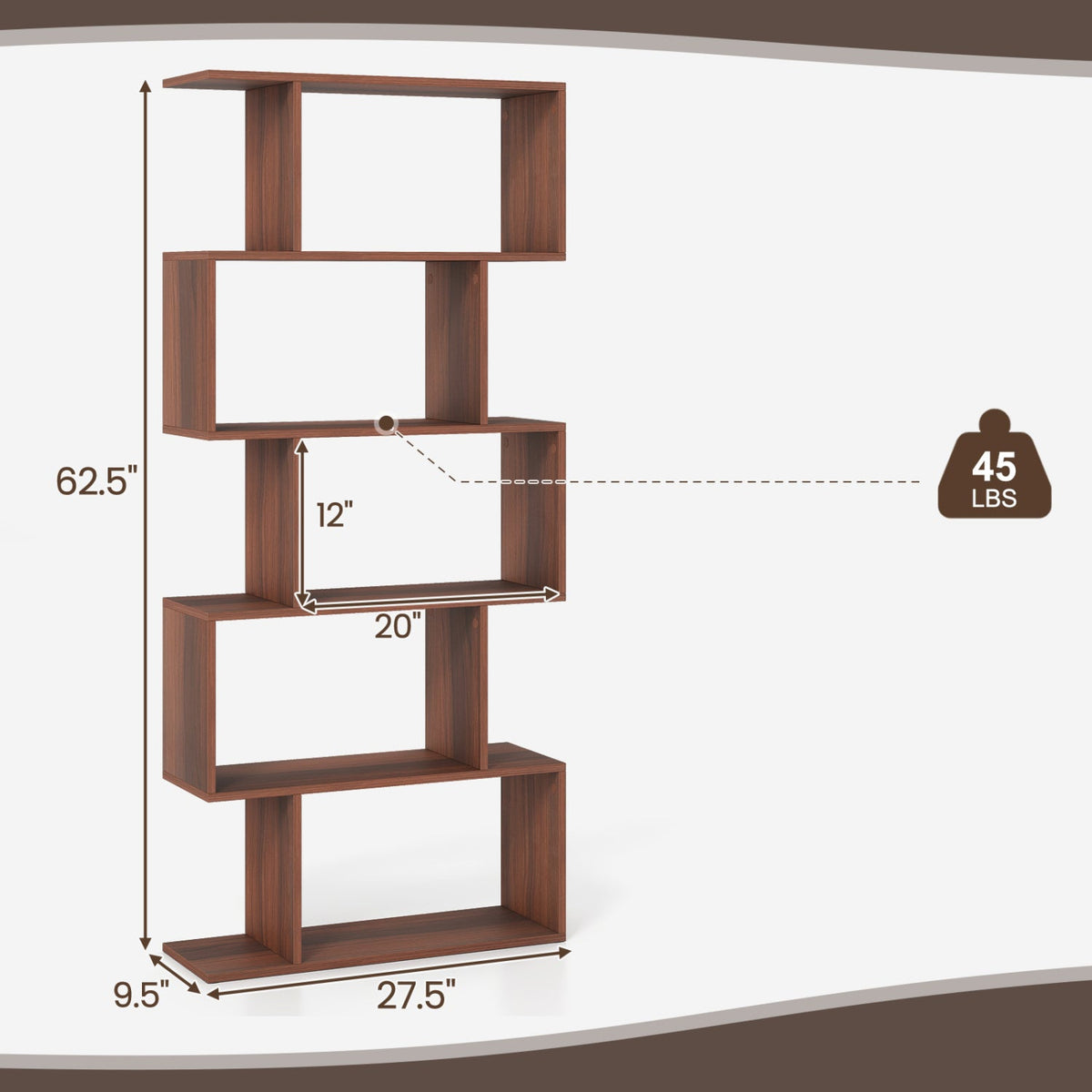 S-Shape Bookcase — Five Shelves