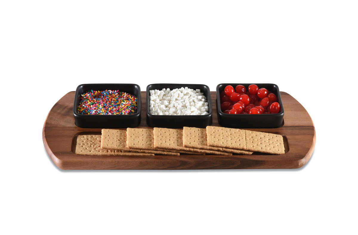 Acacia Serving Board with Ceramic Bowls
