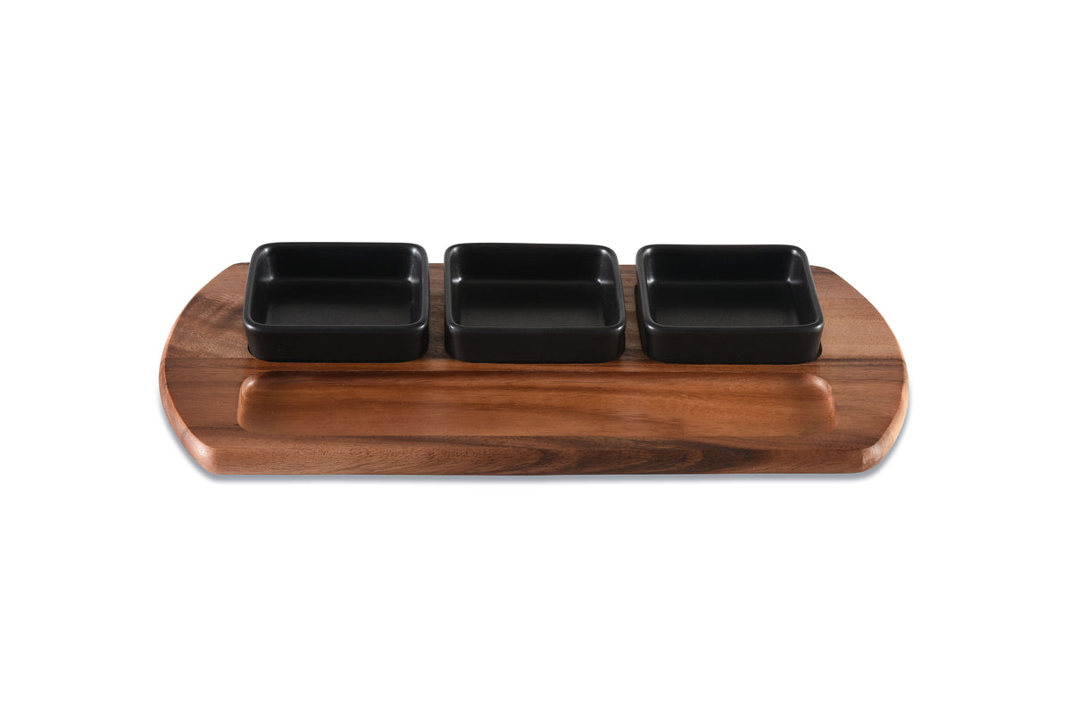 Acacia Serving Board with Ceramic Bowls