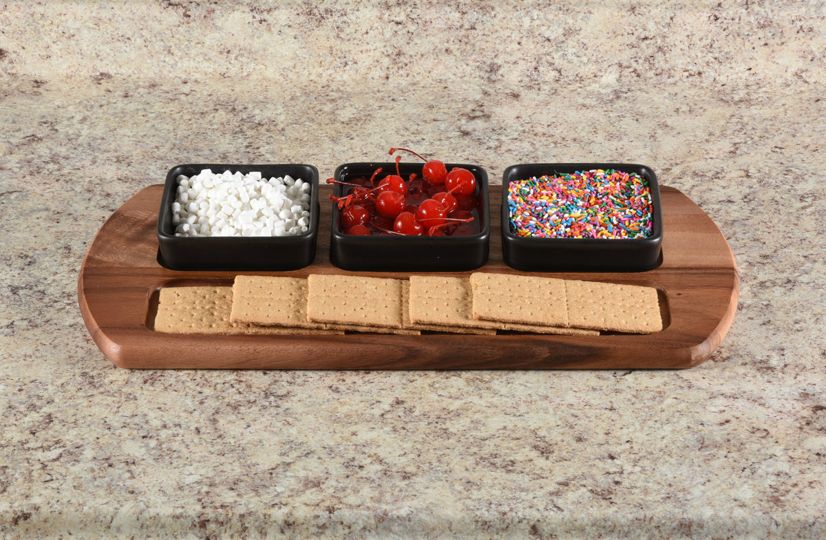 Acacia Serving Board with Ceramic Bowls