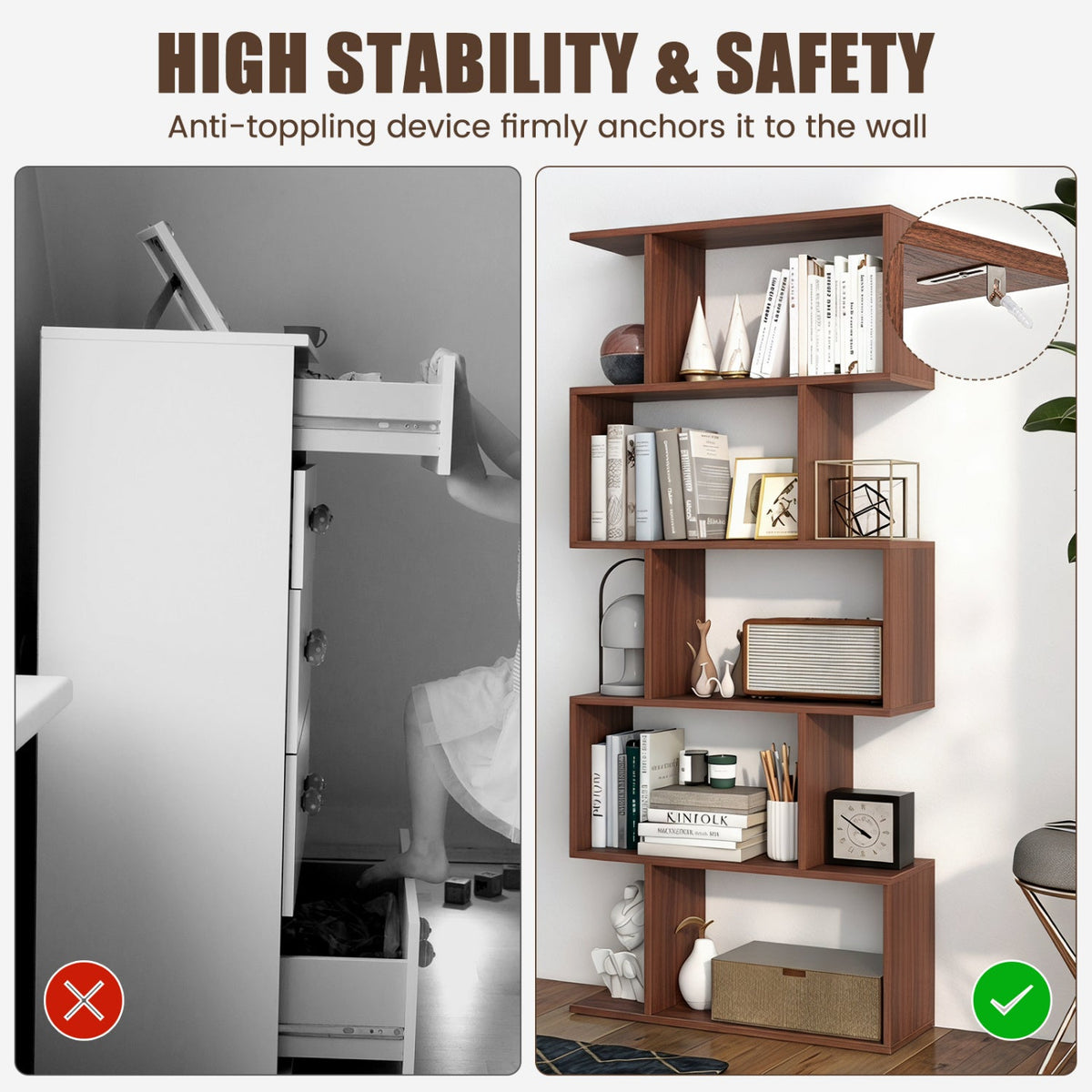 S-Shape Bookcase — Five Shelves