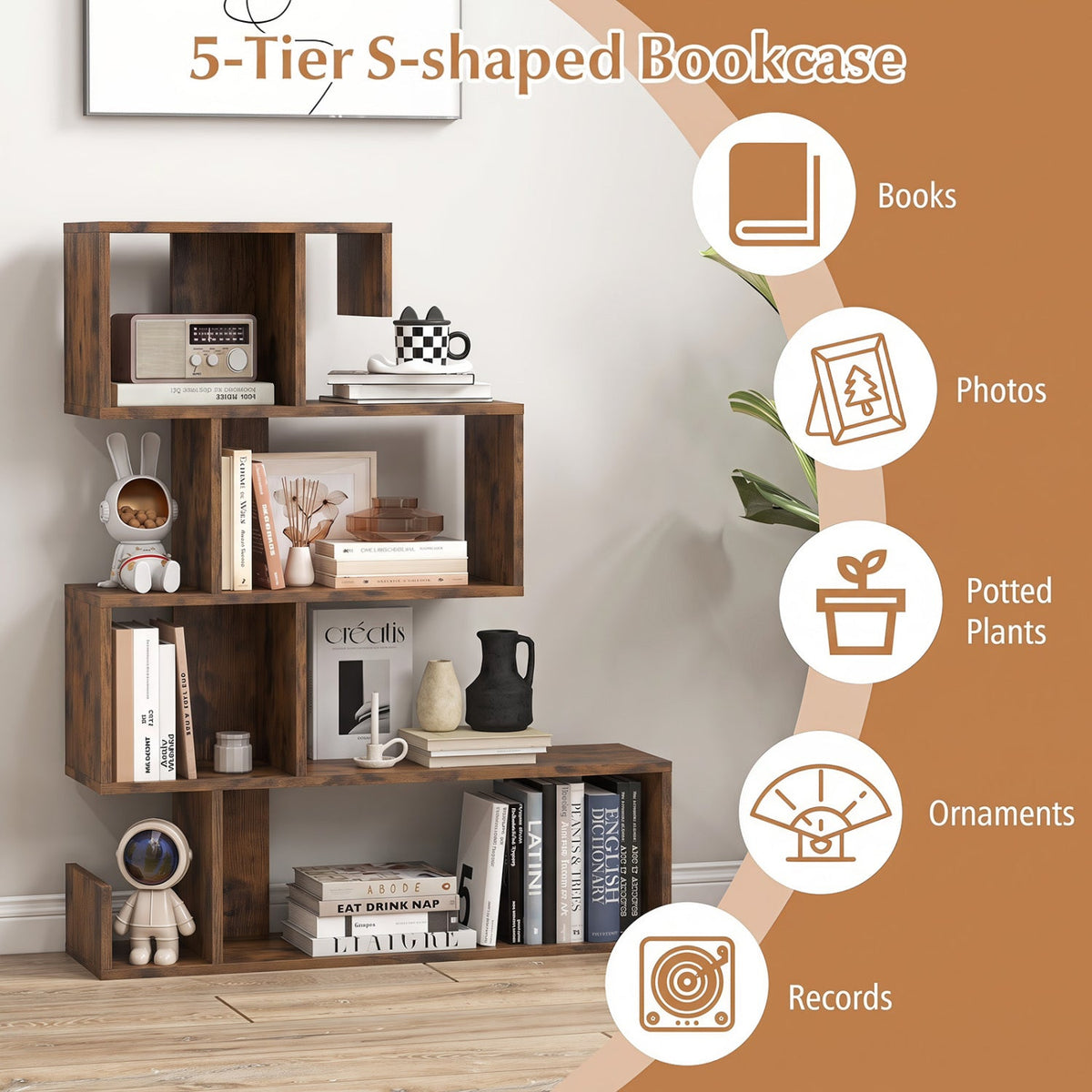 S-Shape Cube Bookcase — Rustic Brown