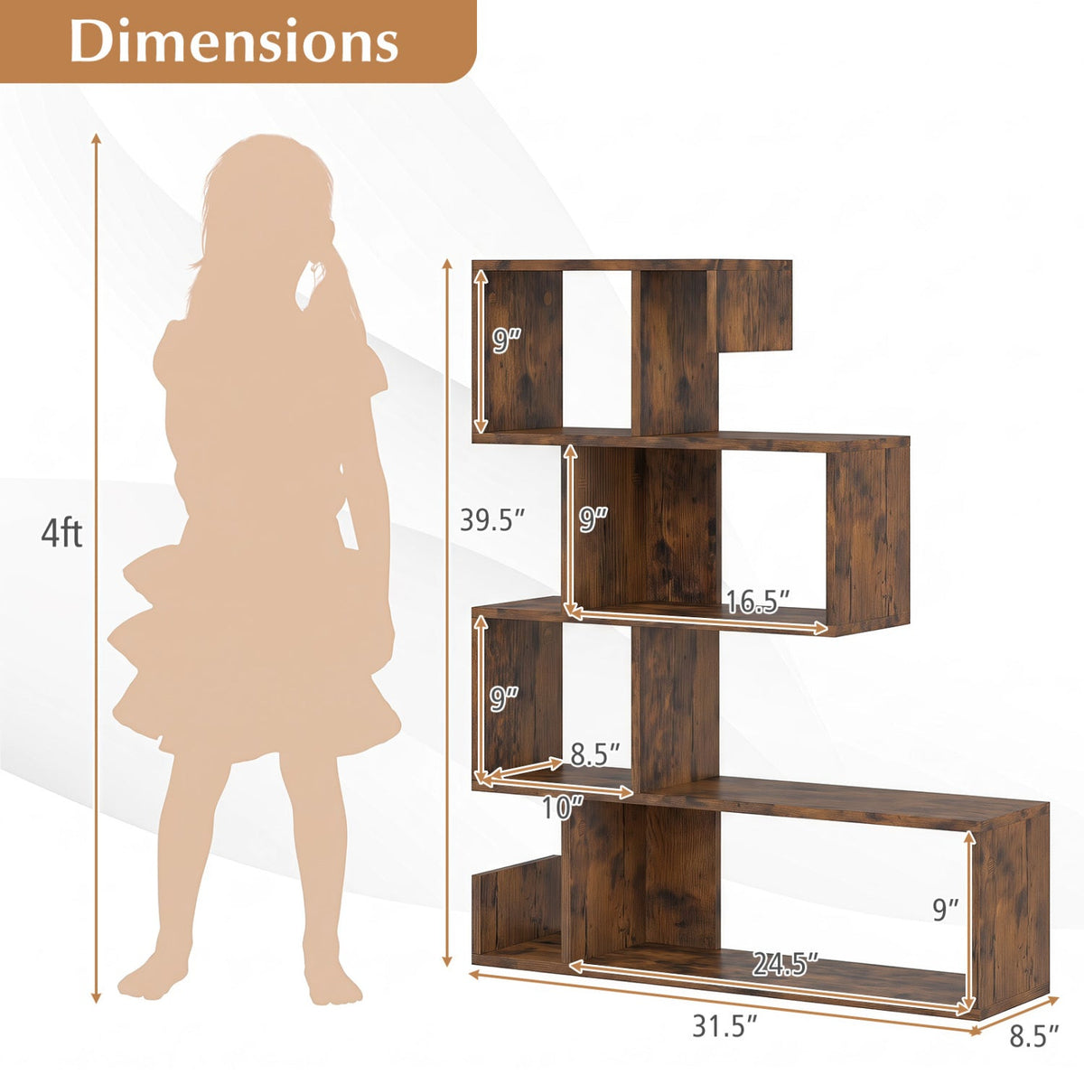 S-Shape Cube Bookcase — Rustic Brown
