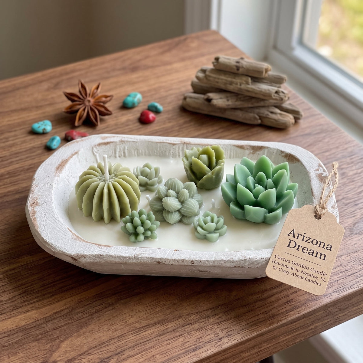 Cactus Garden Soy Candle in a Wooden Bowl