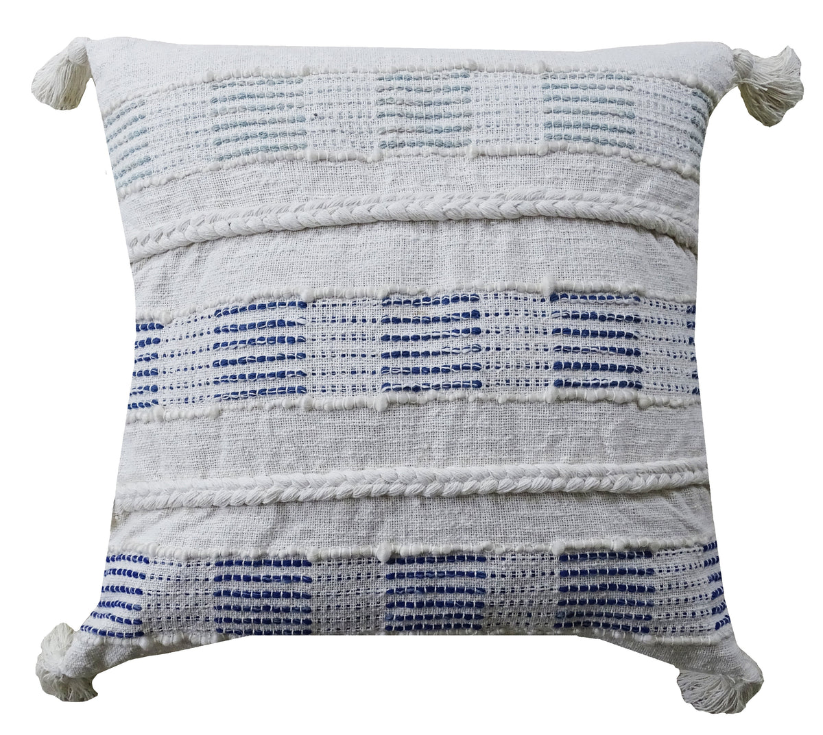 Blue & White Tassel Cushion — 22 Inch