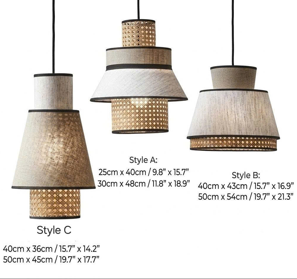 Tiered Rattan & Linen Pendant — Style A: 25cm x 40cm / 9.8" x 15.7" / Hardwired / Natural Rattan (Beige)
