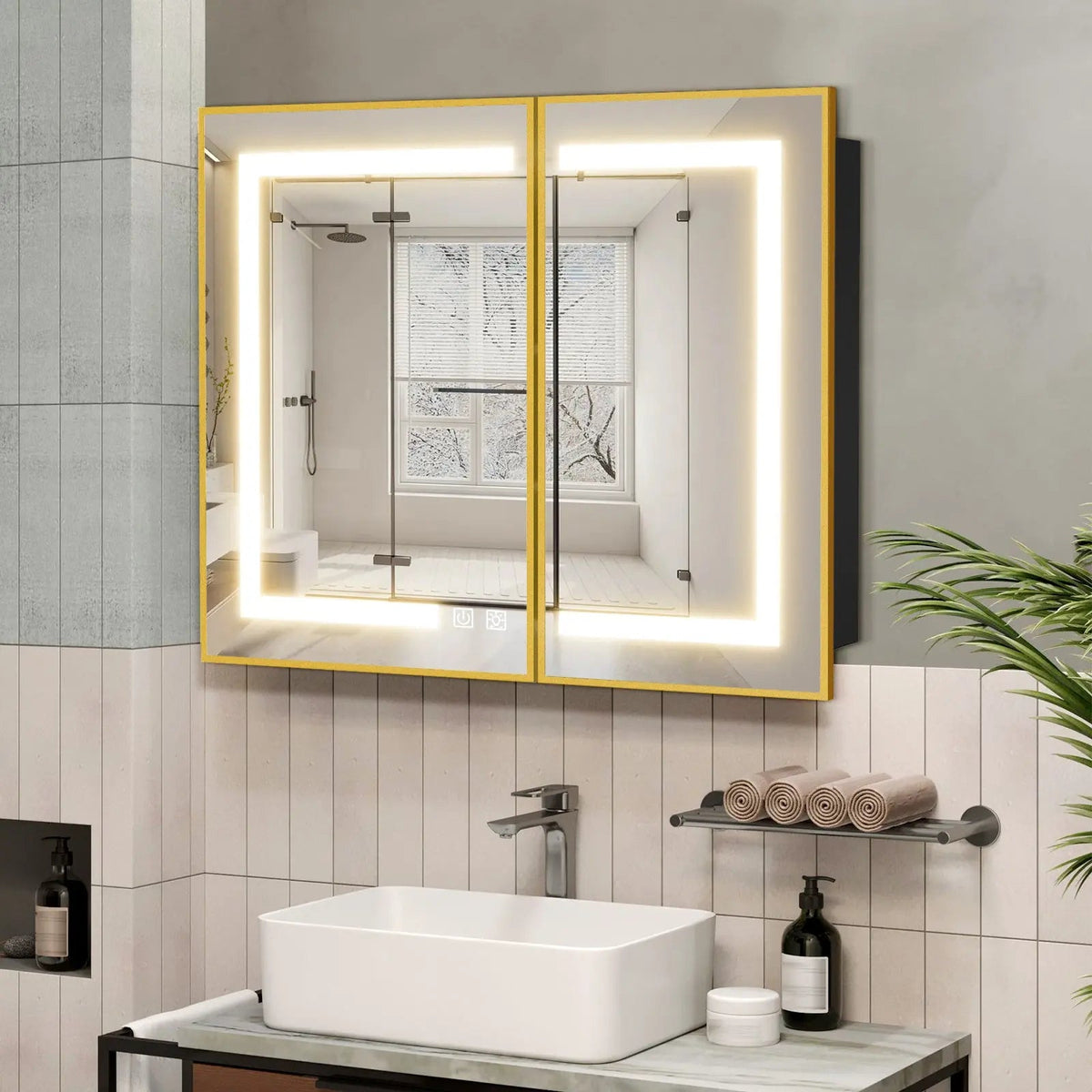 Framed LED Medicine Cabinet — Gold / 36"x 30"