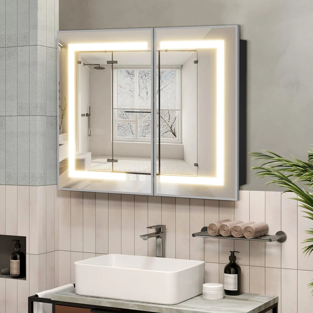 Framed LED Medicine Cabinet — Silver / 36"x 30"