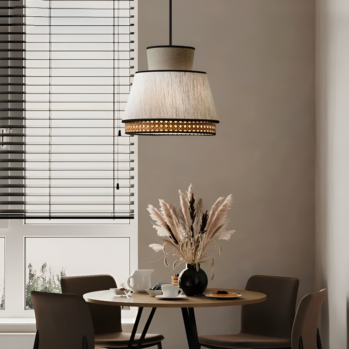 Tiered Rattan & Linen Pendant