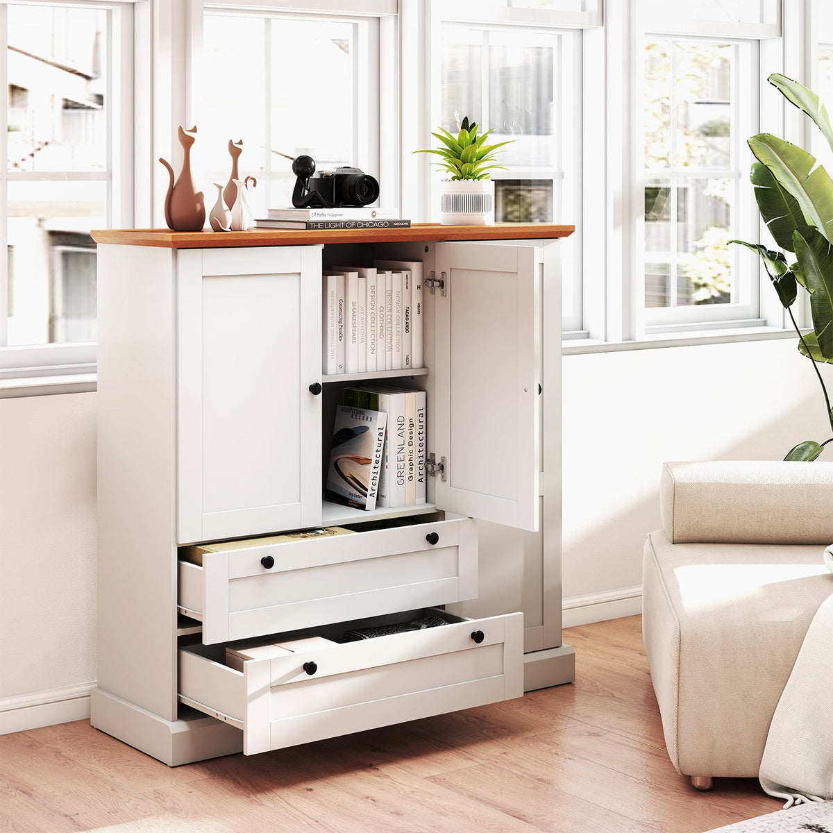 White Kitchen Storage Cabinet — Three Doors