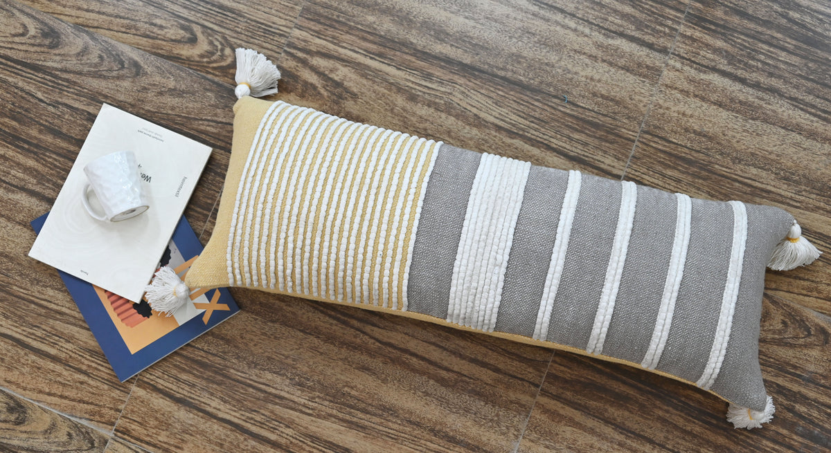 Long Striped Lumbar Cushion — Gray & Ochre