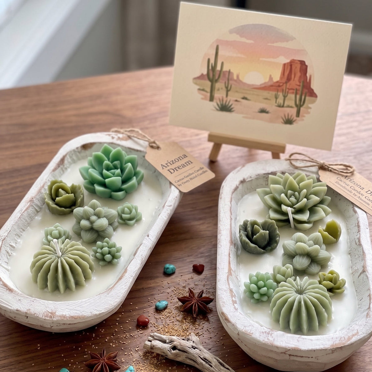 Cactus Garden Soy Candle in a Wooden Bowl