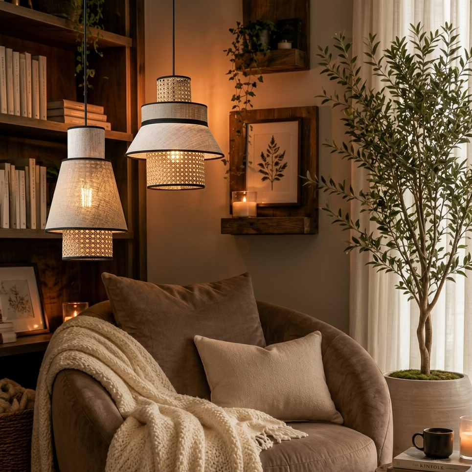 Tiered Rattan & Linen Pendant