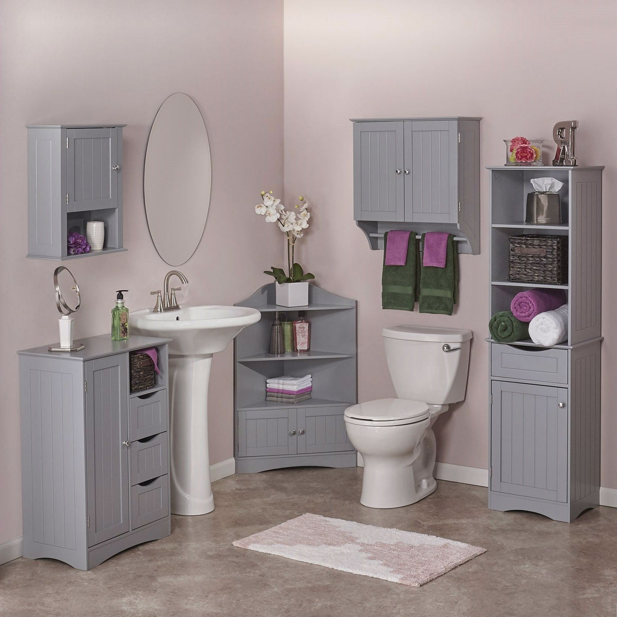Gray Beadboard Bathroom Wall Cabinet