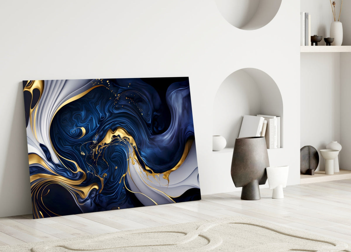 Midnight Blue & Gold Glass Wall Art