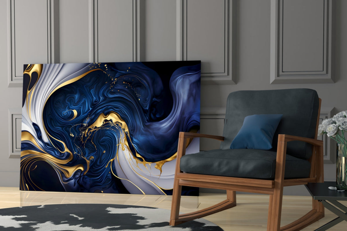 Midnight Blue & Gold Glass Wall Art