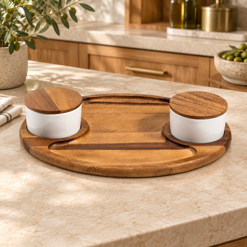 Acacia Serving Board with Lidded Bowls