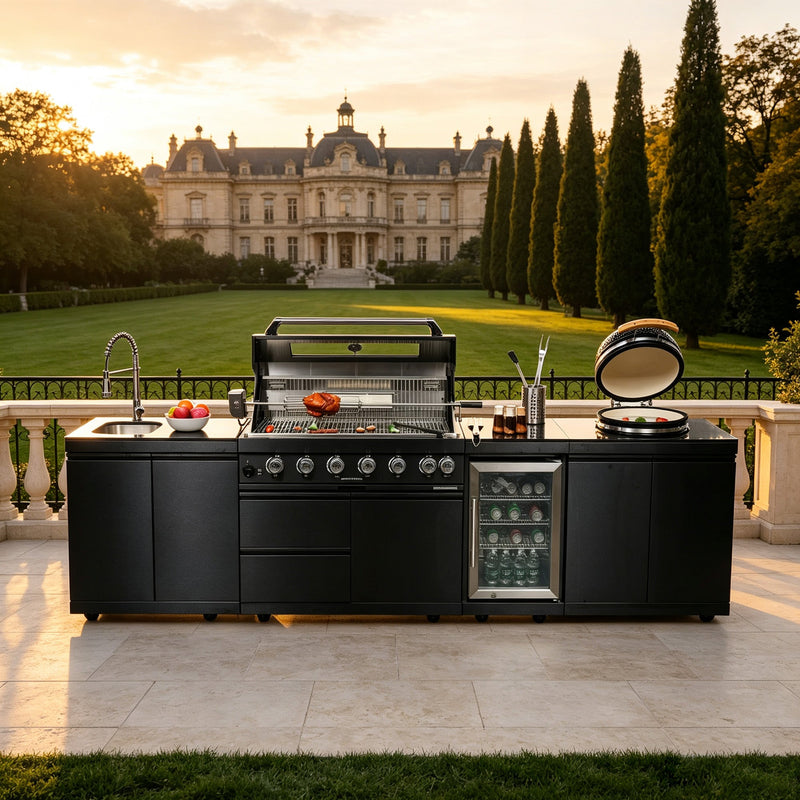 Black Outdoor Kitchen with Kamado Grill
