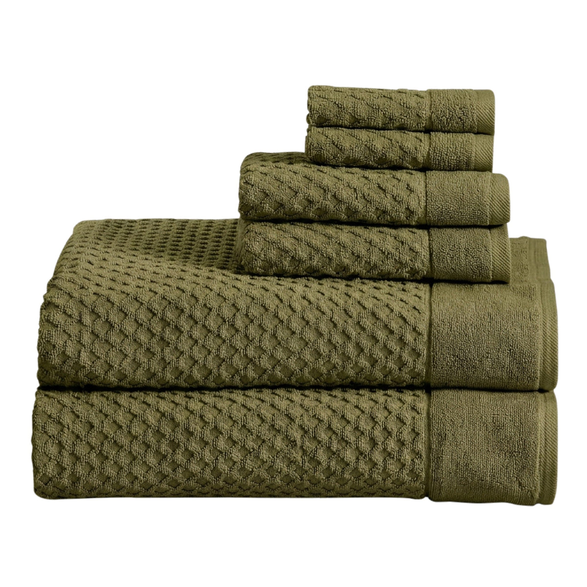 Grayson Diamond Waffle Cotton Towels — 6 Piece Set W/ Bath Sheets / Olive