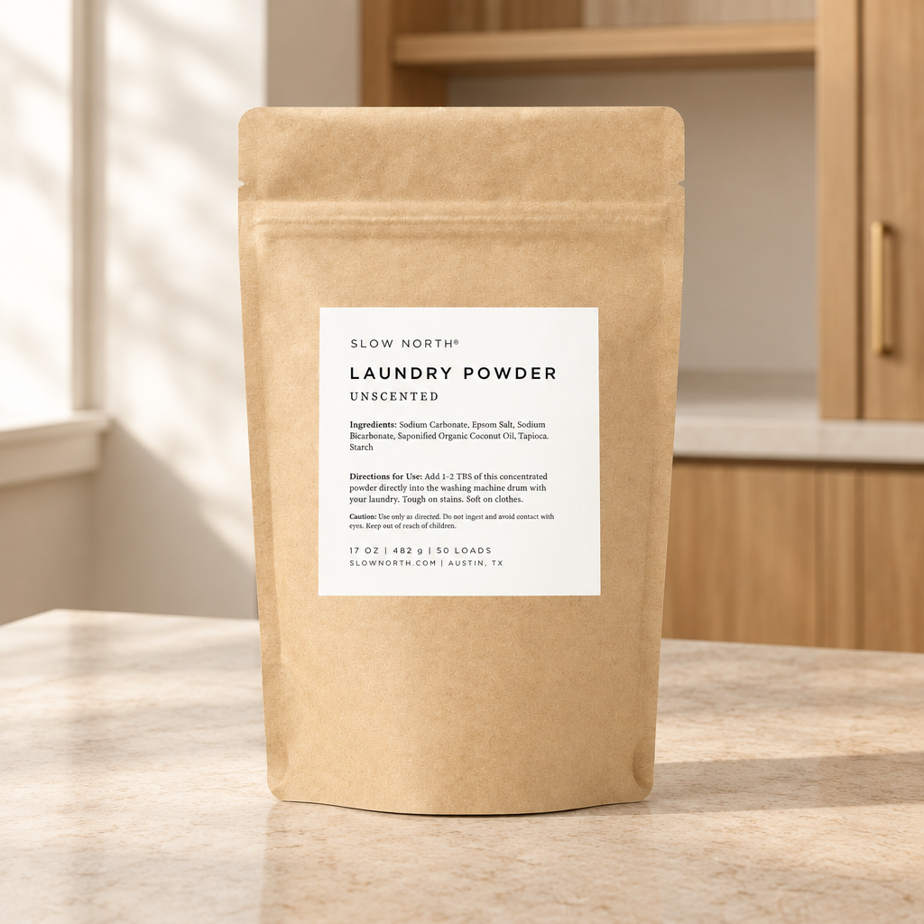 Slow North Laundry Powder — Unscented in a warm neutral laundry room