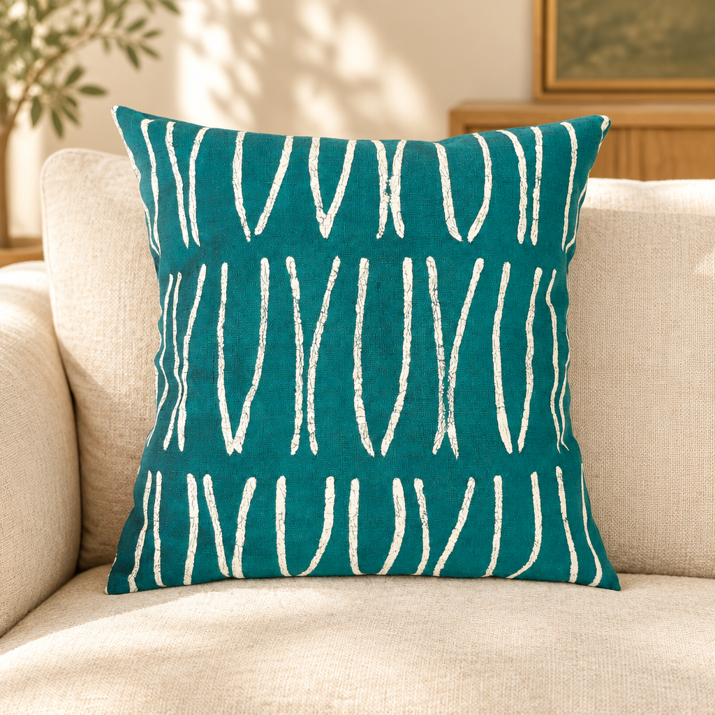 Sadza Lines Pillow Cover — Teal styled in a neutral living room