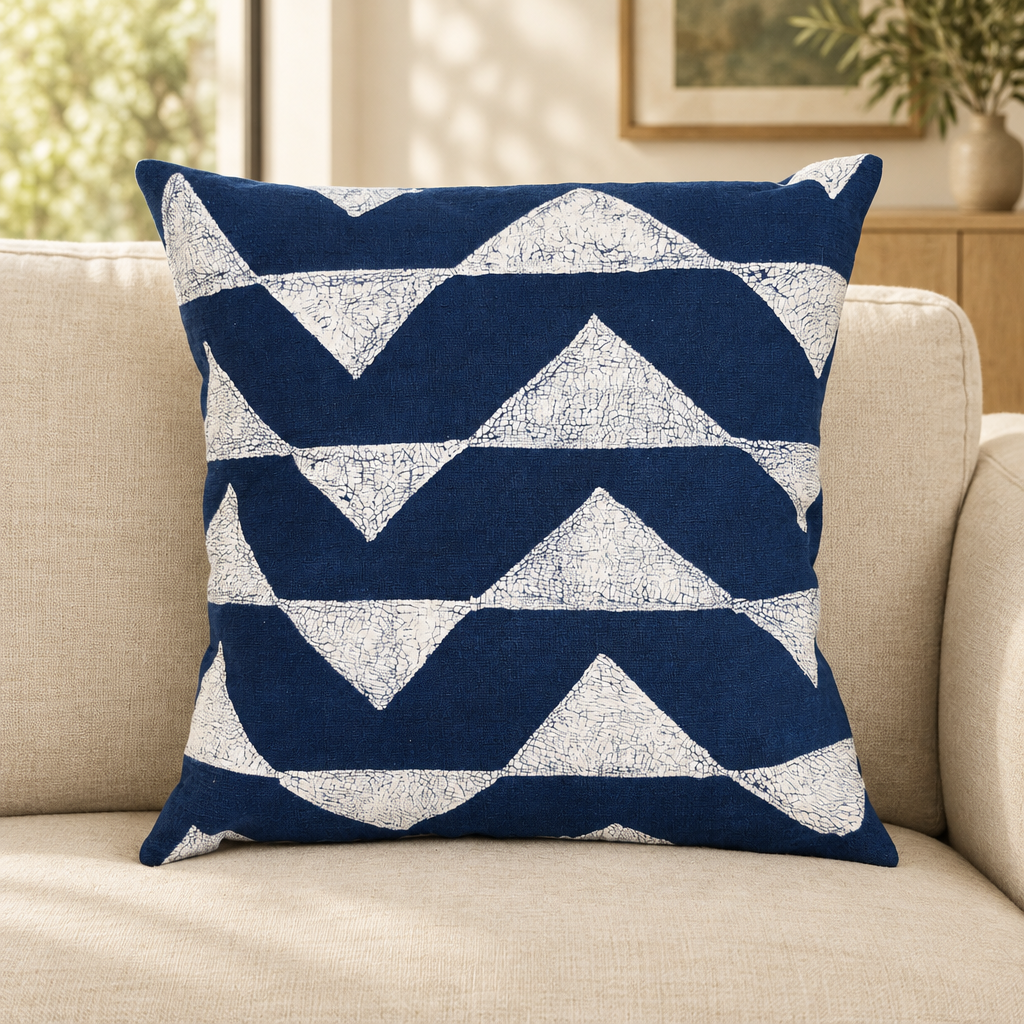 Sadza Triangles Pillow Cover — Indigo styled in a neutral living room