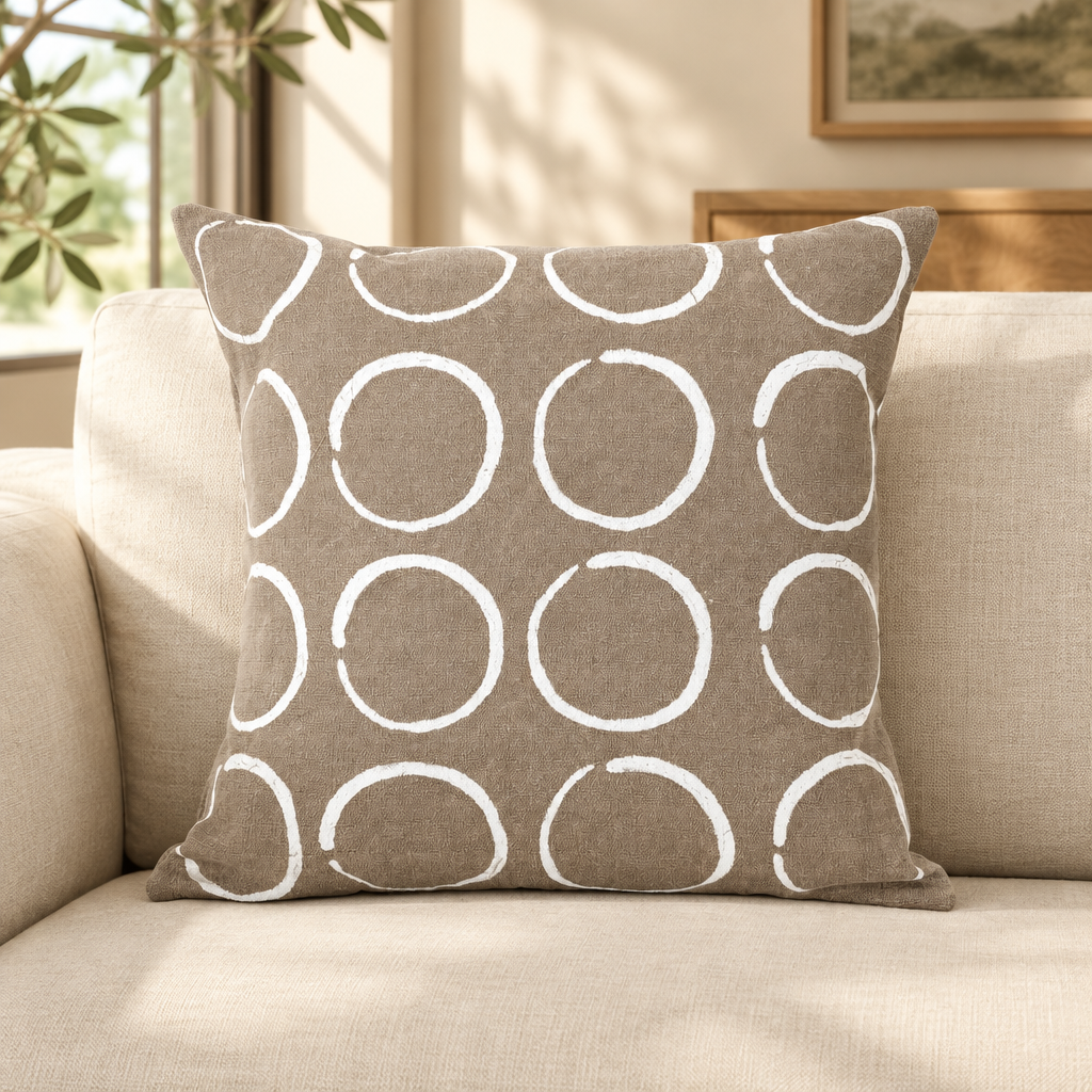 Sadza Circles Pillow Cover — Beige styled in a neutral living room