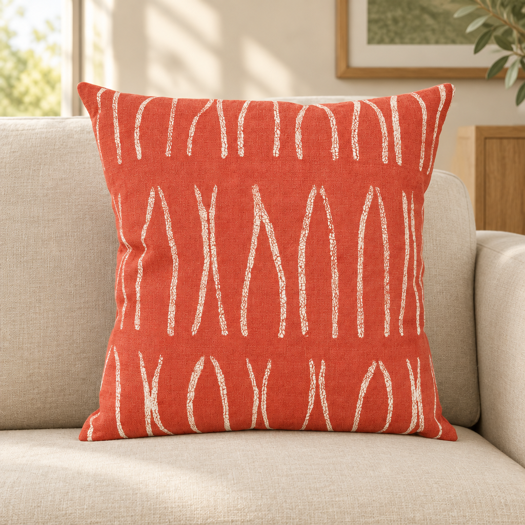 Sadza Lines Pillow Cover — Coral styled in a neutral living room