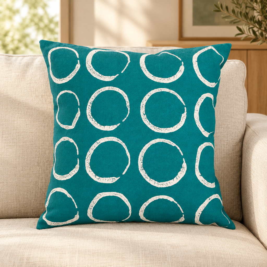 Sadza Circles Pillow Cover — Teal styled in a neutral living room