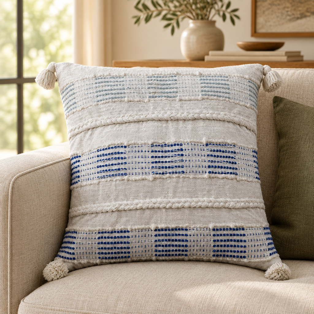 Blue & White Tassel Cushion — 22 Inch styled in a home setting