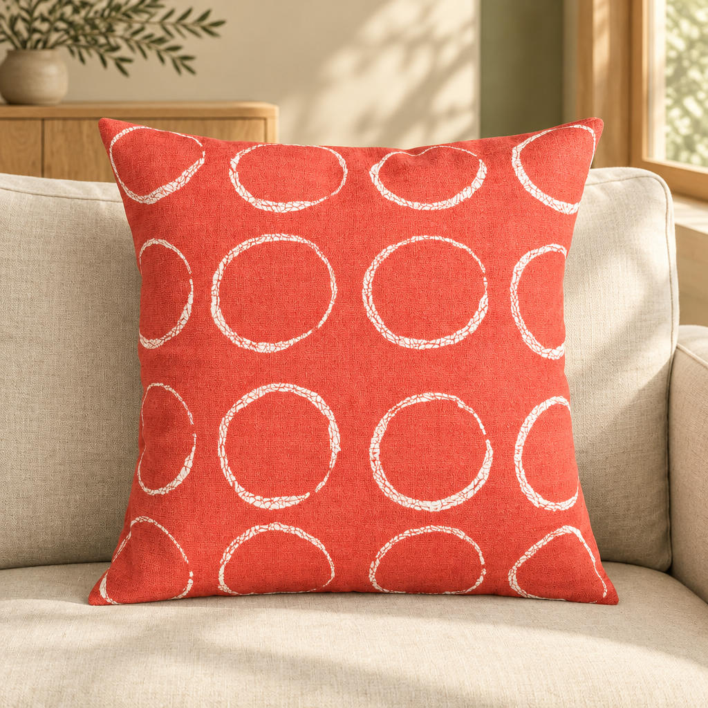 Sadza Circles Pillow Cover — Coral styled in a neutral living room