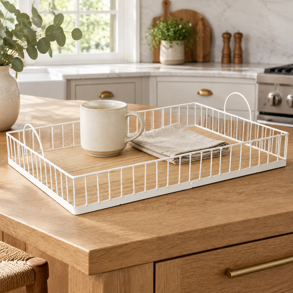 Rustic White Metal & Wood Tray styled in a home setting