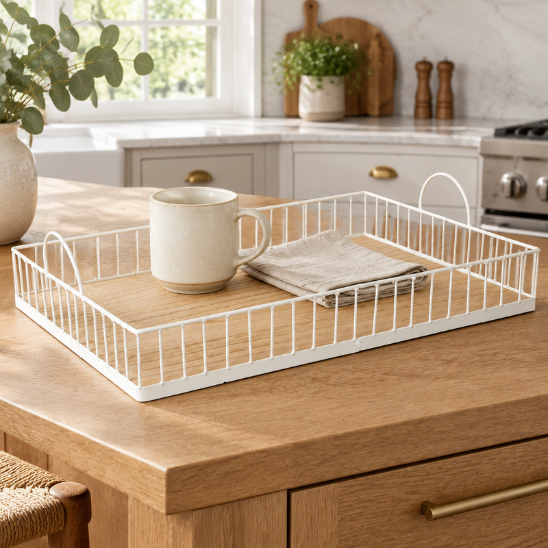 Rustic White Metal & Wood Tray