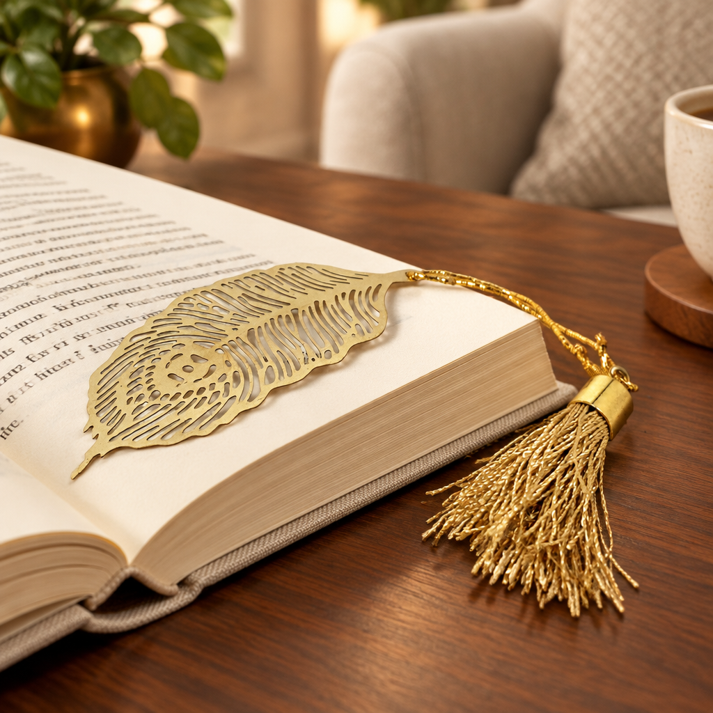 Gold Feather Bookmarks — Set of Six styled in a home setting