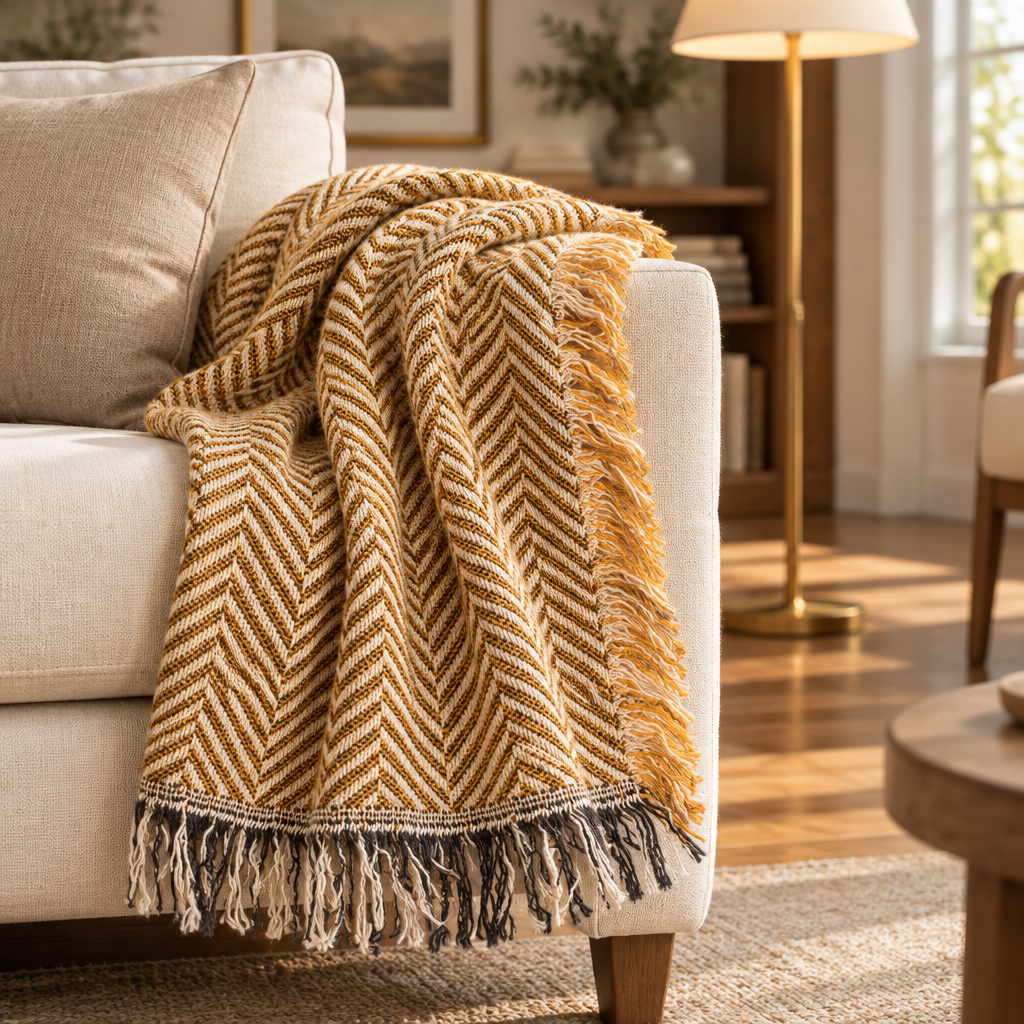 Henry Herringbone Cotton Throw — Goldenrod in a styled home setting