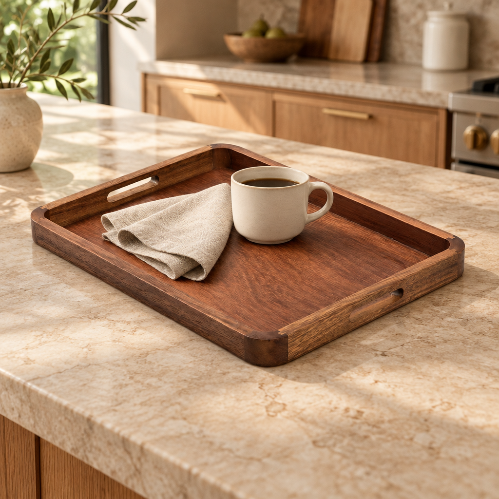 Rectangular Acacia Serving Tray in a styled home setting