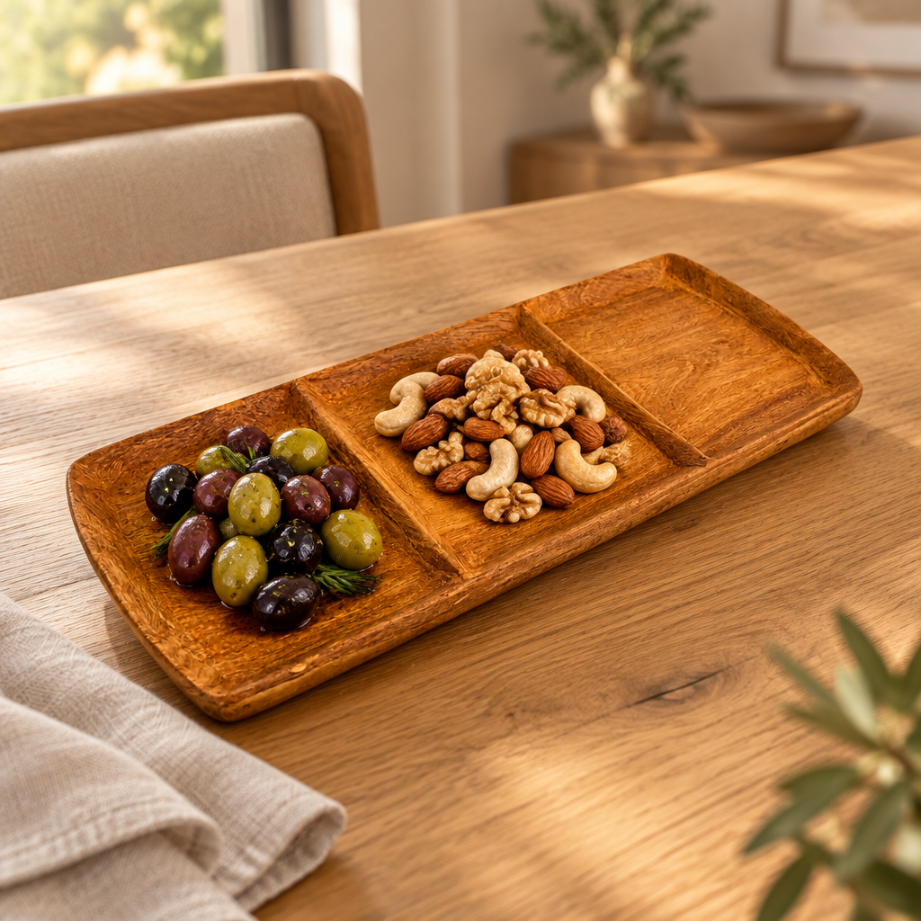 Hand-Carved Teak Serving Platter in a styled home setting