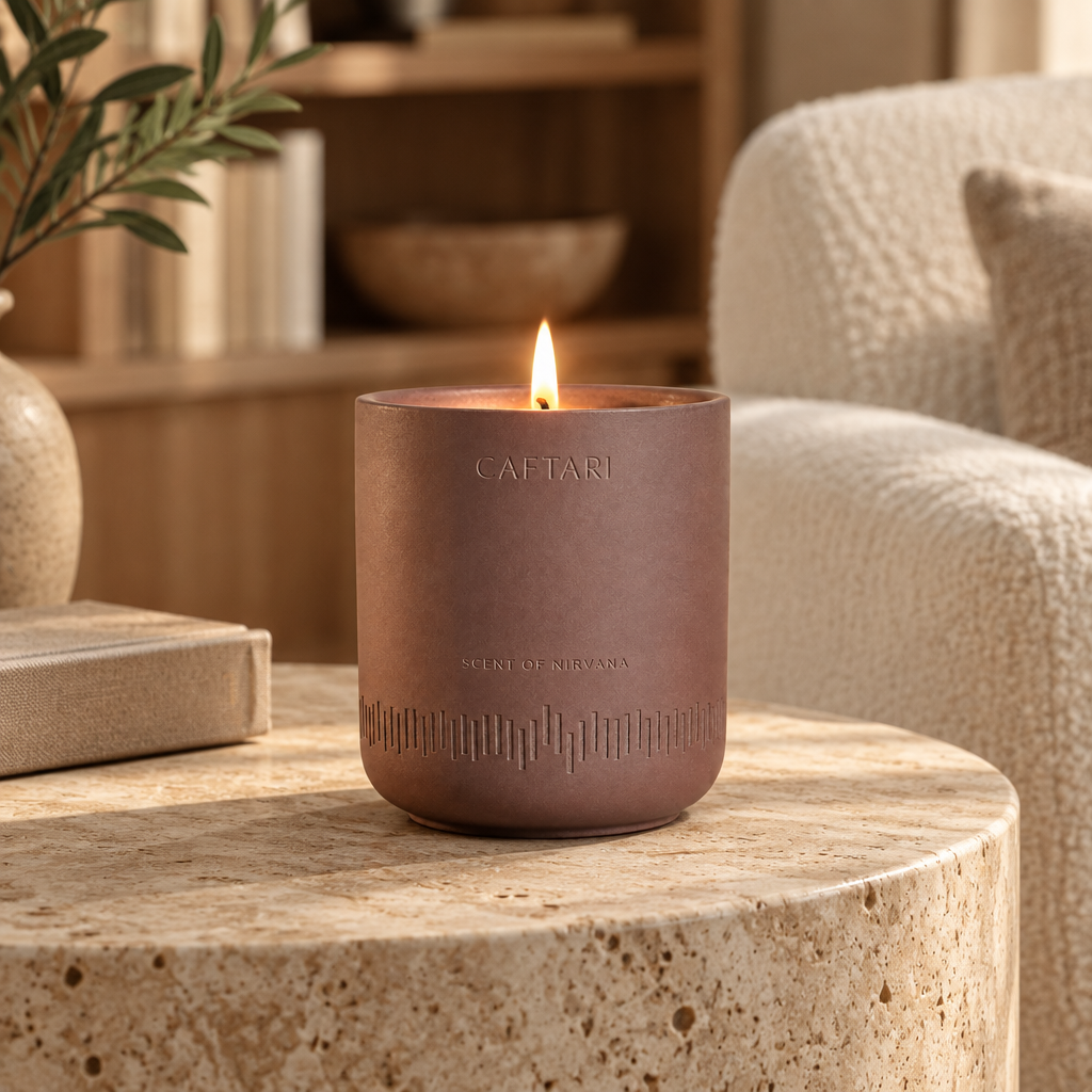 Scent of Nirvana Oud Candle in a styled home setting
