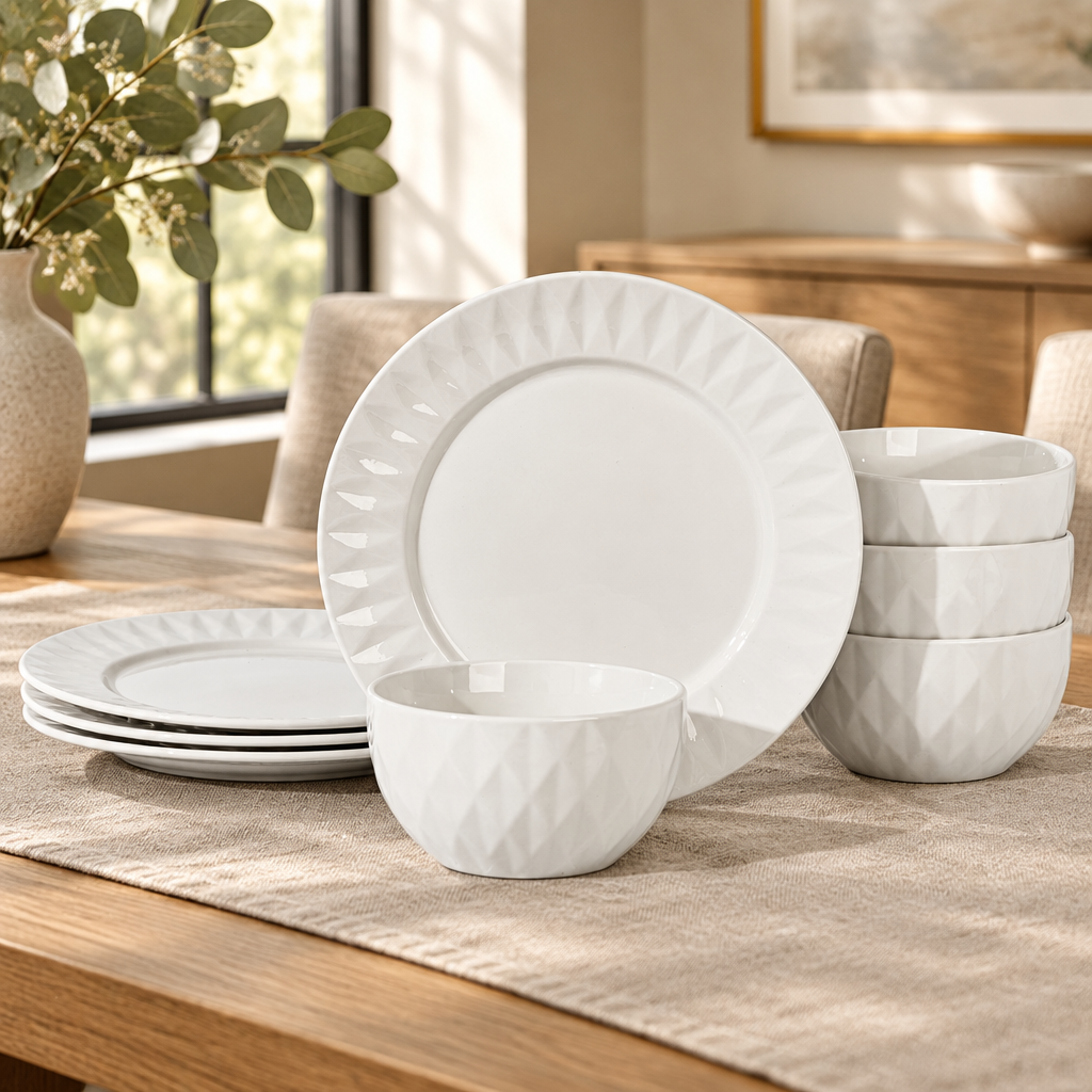 Gibson Home White Ceramic Dinnerware — Eight Pieces in a styled home setting