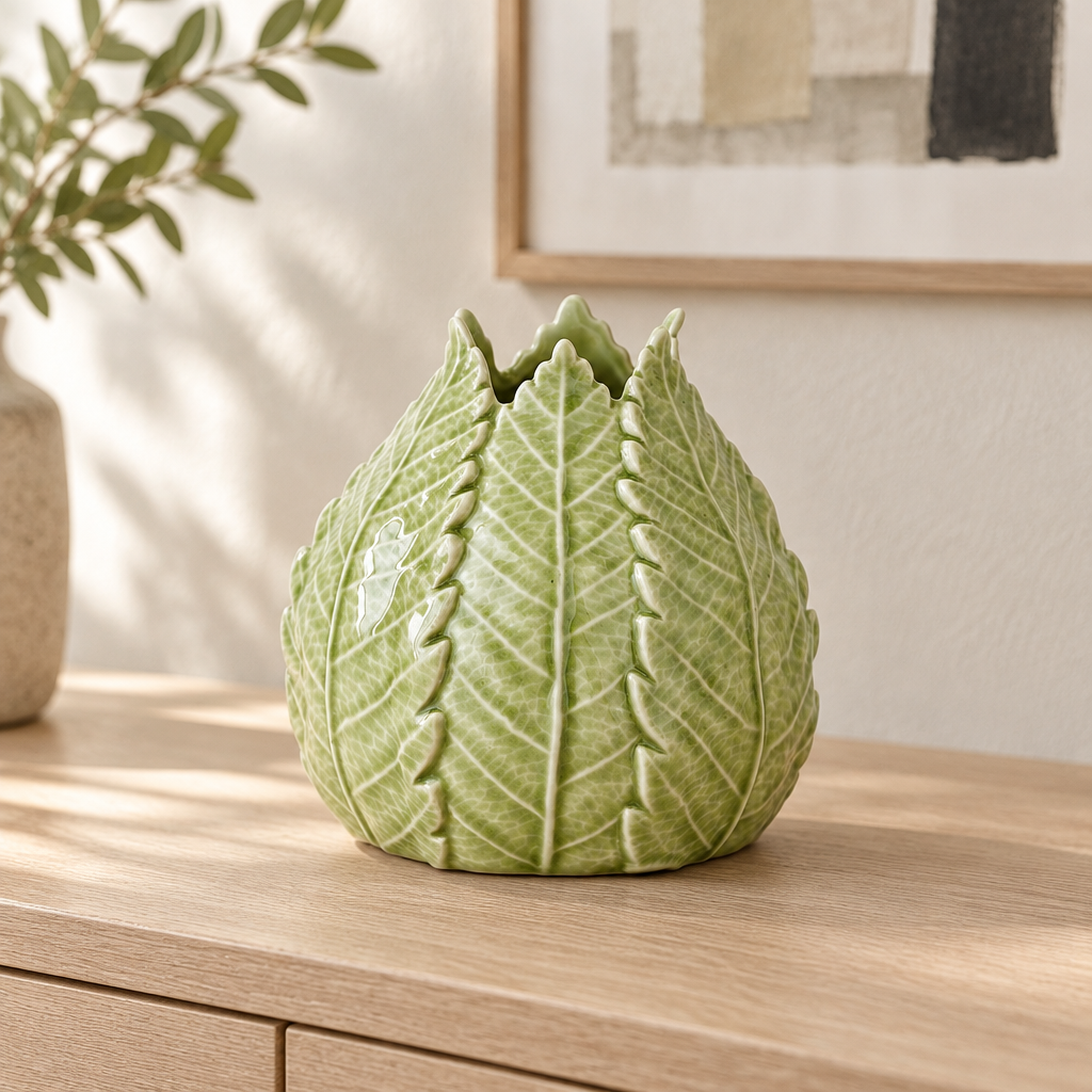 Green Ceramic Leaf Vase in a styled home setting
