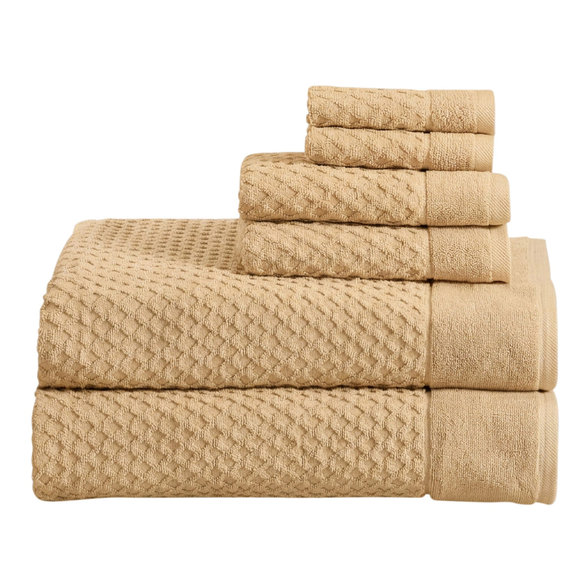 Grayson Diamond Waffle Cotton Towels — 6 Piece Set W/ Bath Sheets / Sand