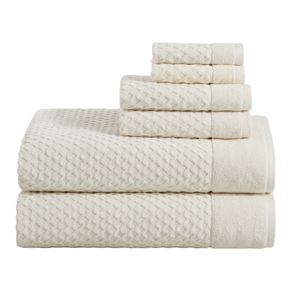 Grayson Diamond Waffle Cotton Towels — 6 Piece Set W/ Bath Sheets / Ivory