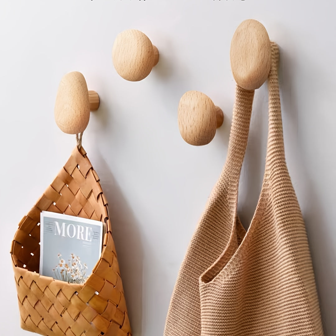 Wooden Pebble Wall Hooks — Set of Four — Beech-Wood