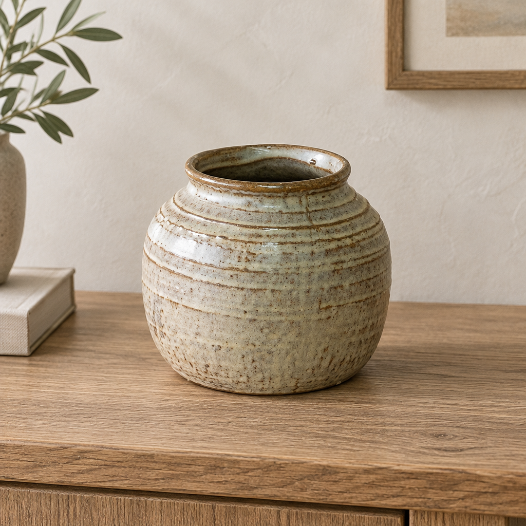 Milky beige ceramic vase with textured glaze on an oak console