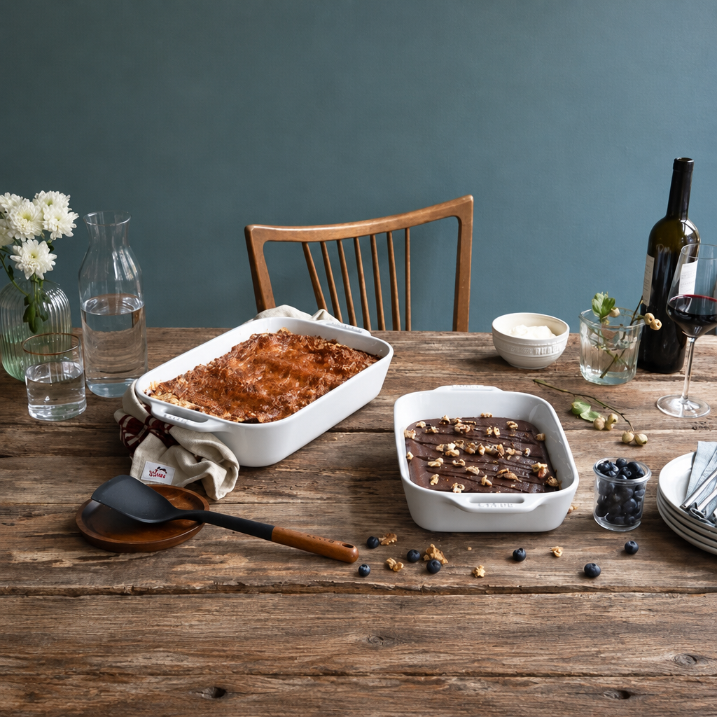 Two white stoneware baking dishes on a wooden dining table
